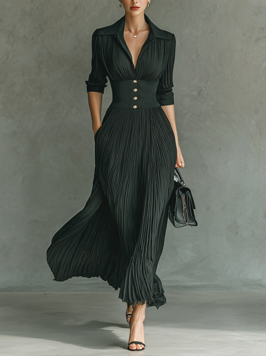 Women's Solid Color Pleated Lapel Waist Long Sleeve Maxi Dress MDA0826G1Y