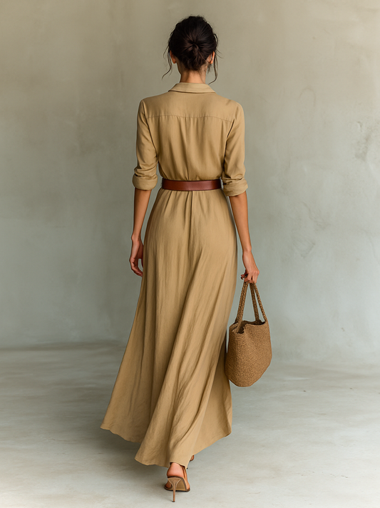 Ladies Lapel Single Breasted Long Sleeve Belted Maxi Dress MDA1500G4Y