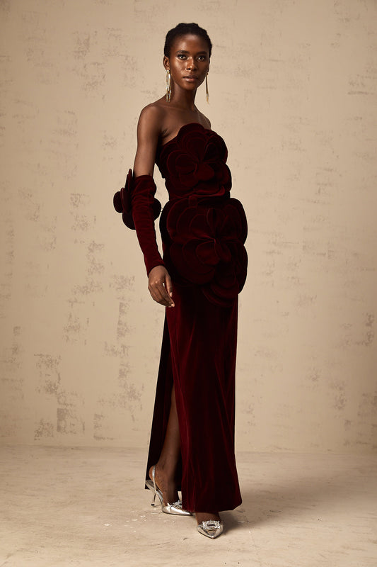 Zyra Red Floral Appliqué Maxi Dress