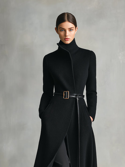 Women's Black Elegant Wool - Blend Turtleneck Belted Maxi Coat (without belt) MDA2807H5I