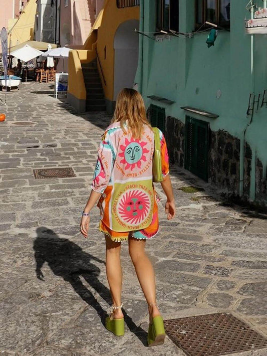 Ethnic Print Casual Lace Collar Shirt Shorts