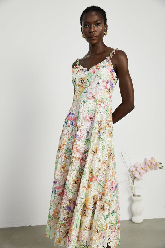 Enora lace floral embroidered midi dress (US Only)