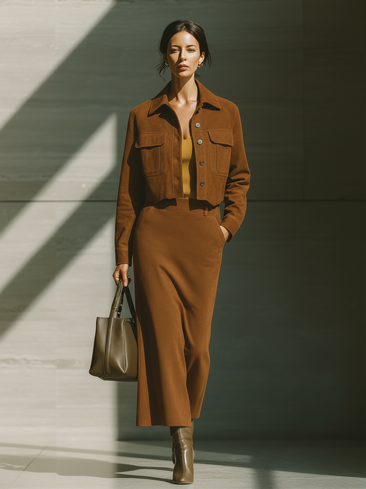 Women's Caramel Faux Suede Cropped Jacket And High-Waisted Skirt Set MDA1649J2T