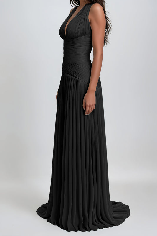 Elegant Uranie Black Halterneck Gathered Maxi Dress with Pleated Train Design