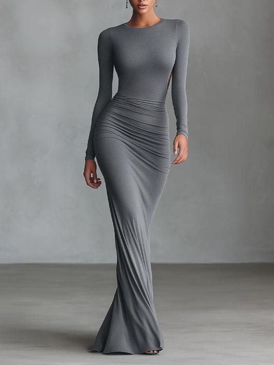 Women's Grey Elegant Stretch - Polyester-Cotton Blend Ruched Open - Back Maxi Dress MDA2860H8I