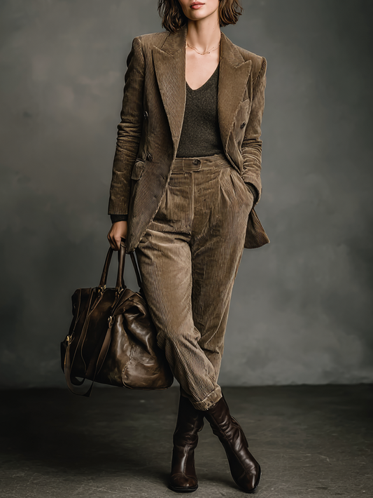 Women's Loose Corduroy Peak Collar Suit Jacket Straight Pants Set MDA2715H4Y