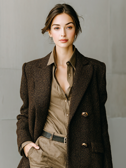 Women's Minimalist Herringbone Wool Blend Double-breasted Mid-length Coat MDA1887I7Y