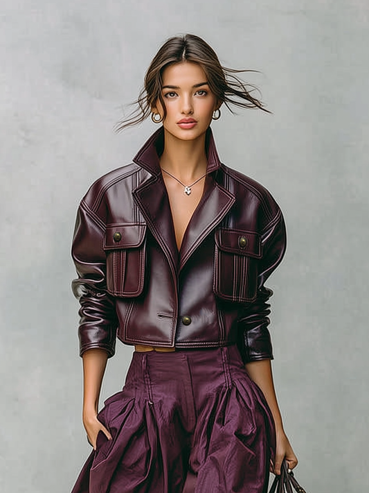 Women's Loose PU Leather Short Double Chest Pocket Single Button Jacket MDA1666I2Y