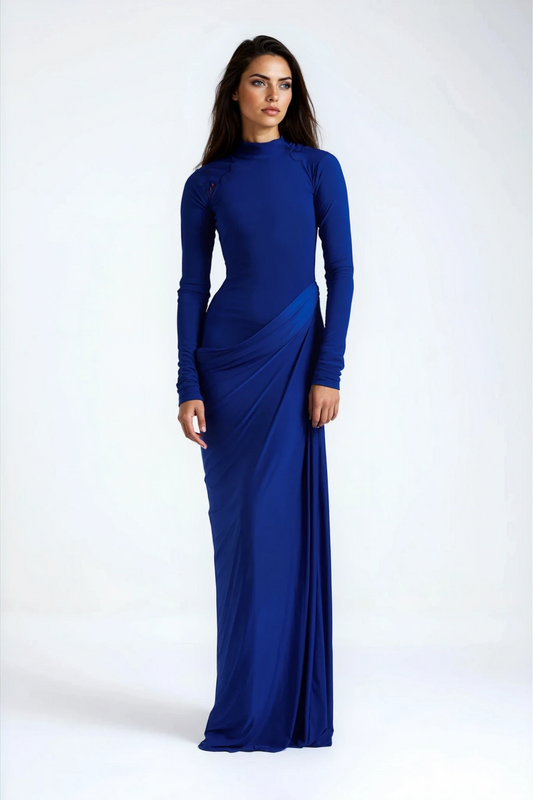 Éva Blue Draped Gathered Maxi Dress