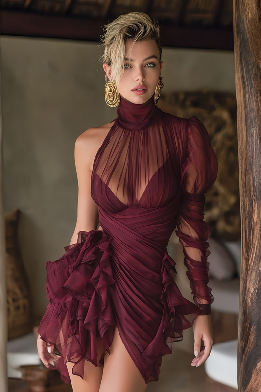 Éléna Burgundy Asymmetrical Ruffled Tulle Mini Dress