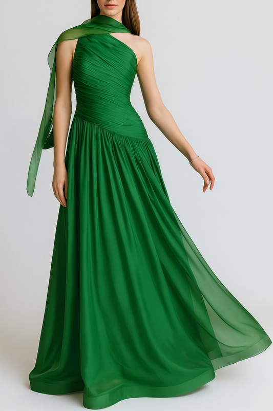 Emerald Green One Shoulder Ruched Maxi Dress