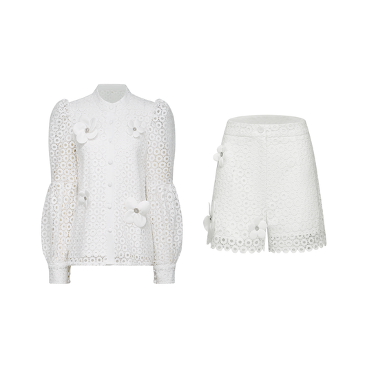 Calla faux-flower cut-out blouse & shorts matching set (US Only)