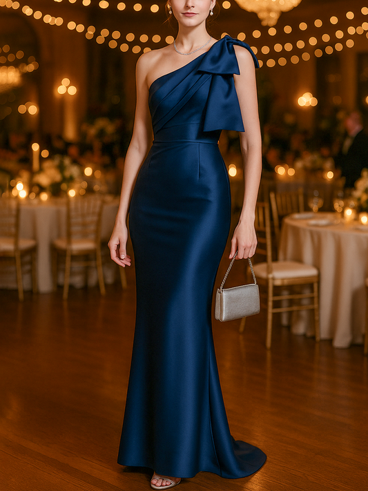 Women's Elegant Bow Detail One-Shoulder Navy Blue Satin Maxi Dress