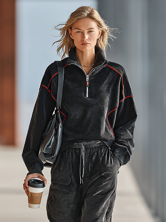 Women's Loose Corduroy Red Trim Zipper Lapel Sweatshirt And Sweatpants Set MDA2800I0Y