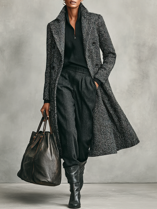 Women's Minimalist Herringbone Wool Blend Double-breasted Long Coat MDA1875I1Y