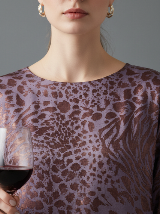 Women's Loose Leopard Jacquard Round Neck Long Sleeve Midi Dress MDA2450I1Y