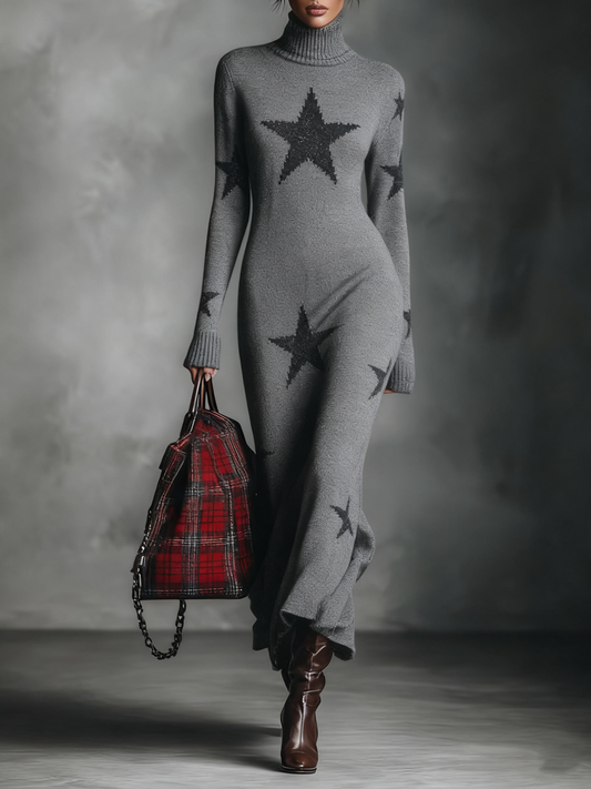 Women's Star Jacquard High-neck Knitted Maxi Dress MDA1577J0Y