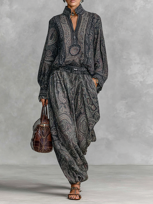 Women's Vintage Paisley Print Stand-up Collar Long Sleeve Shirt Trousers Two-piece Set MDA2558G3Y
