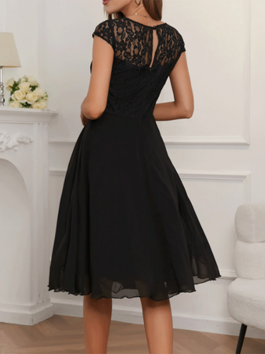 Ladies Lace Chiffon V-neck Short Sleeve Waist Midi Dress MDA1930F9Y