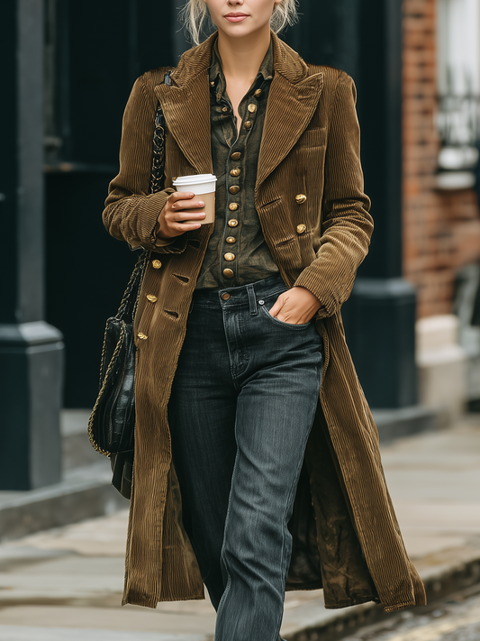 Women's Minimalist Corduroy Double-breasted Peak Collar Mid-length Trench Coat MDA2809I0Y