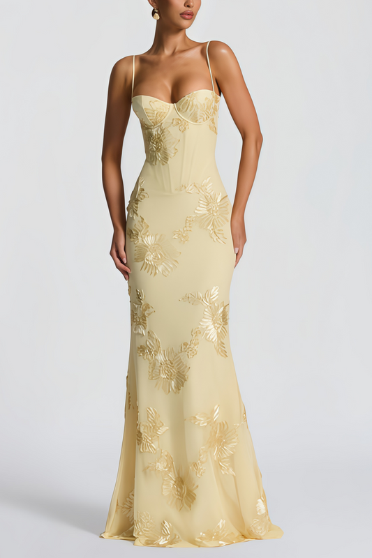 Théoline Yellow Floral Jacquard Corset Maxi Dress