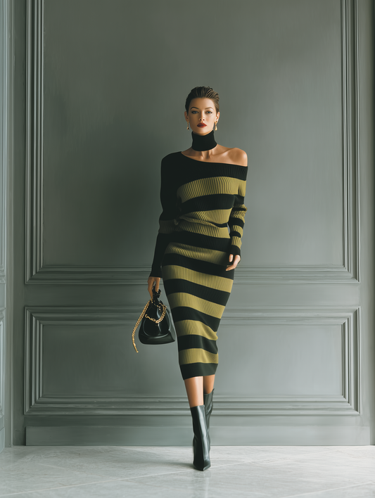 Women's Black And Olive Green Striped Knit Off-the-Shoulder Midi Dress (Neck Not Included) MDA1611J4T