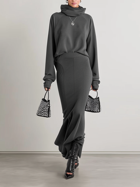 Women's Half Turtleneck Long Sleeve Sweatshirt Hip-wrapped Fishtail Skirt Set MDA1136J6Y