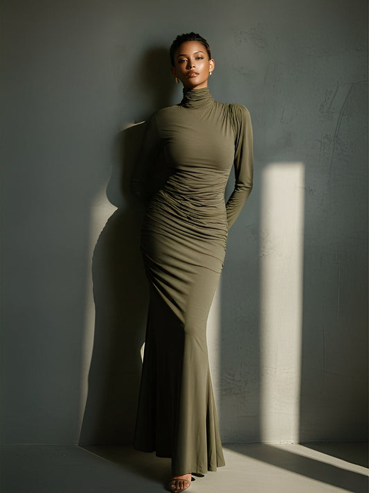 Women's Olive Elegant Stretch Polyester-Cotton Blend Turtleneck Ruched Mermaid Maxi Dress MDA1678J2I