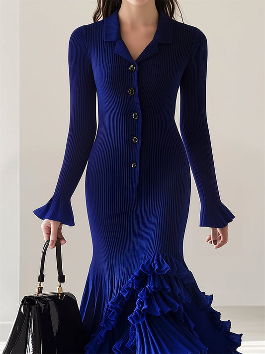 Women's Elegant Royal Blue Knitted Dress With Ruffle Hem Design Maxi Dress MDA0204H6I