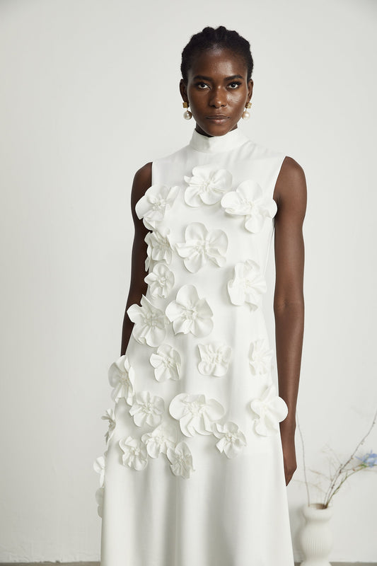 Magali White Sleeveless Maxi Dress with Faux Flower & Bow-Tie Embellishment
