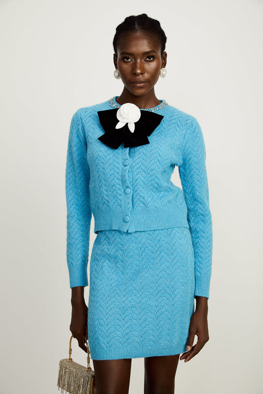 Aliénor blue knitted embellished cardigan & skirt matching set (US Only)