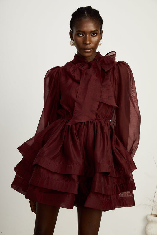 Robe mini évasée à volants Élodie en rouge