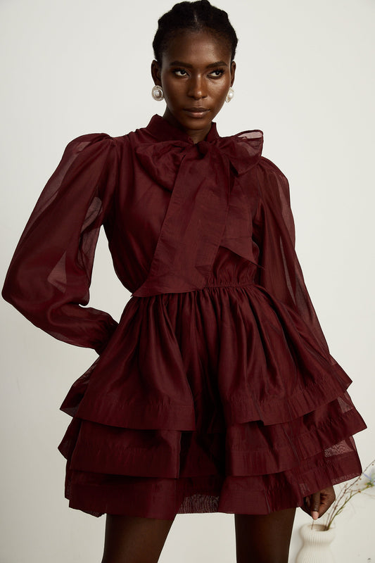 Robe mini évasée à volants Élodie en rouge
