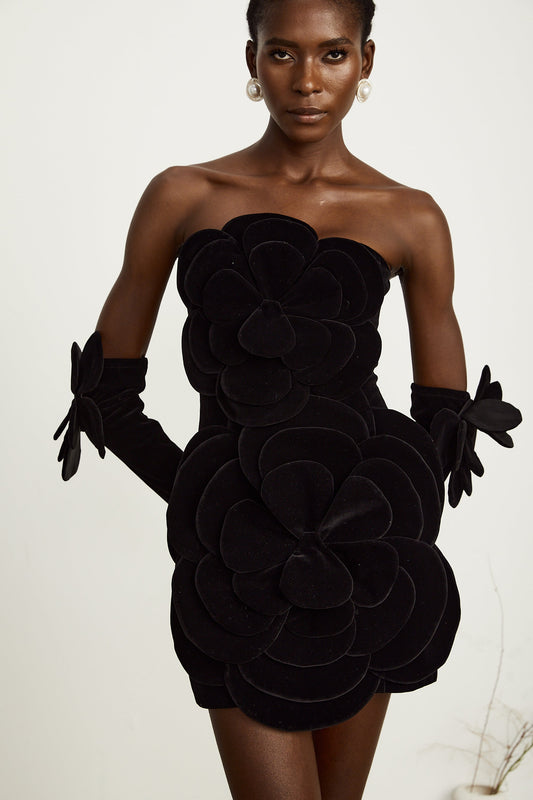 Zyra floral-appliqué mini dress in Black