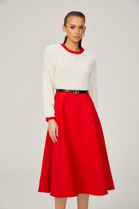 Chloé kırmızı uzun kollu pullu patchwork midi elbise (Sadece ABD)
