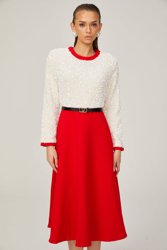 Chloé kırmızı uzun kollu pullu patchwork midi elbise (Sadece ABD)