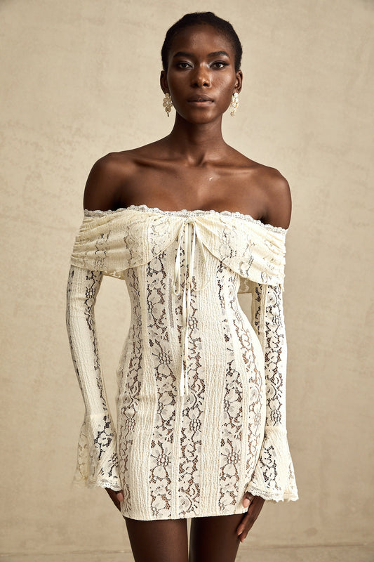 Émeline floral lace flared-cuff mini dress in Neutrals (US Only)