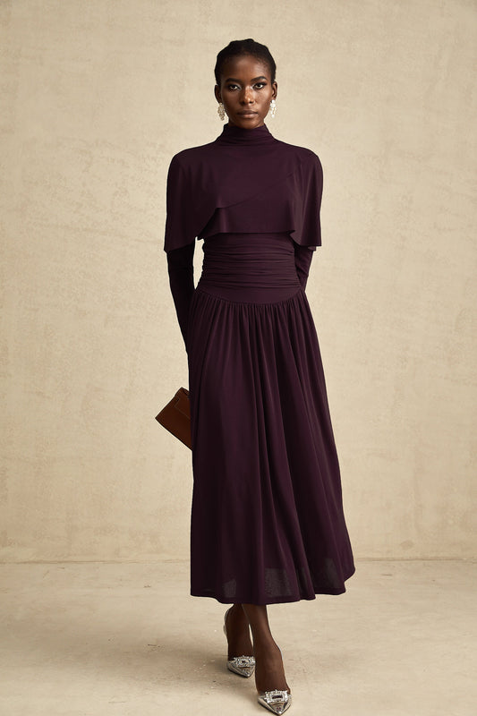 Camille Red Ruched Midi Dress with Flap Design Detail