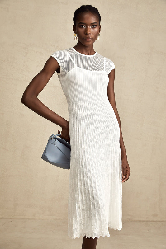 Celiane white scallop-hem semi-sheer midi dress