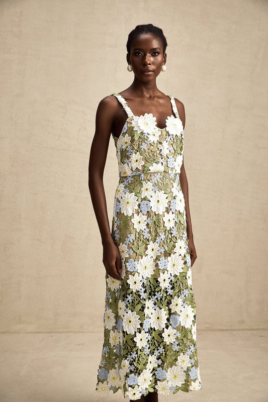 Carla floral embroidered hollow-carved midi dress (US Only)