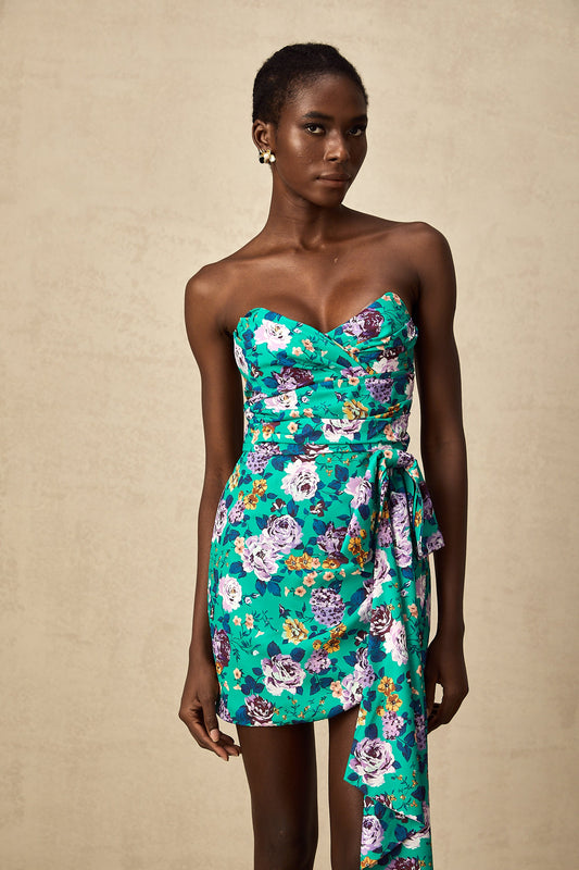 Abby green floral ruched mini dress (US Only)