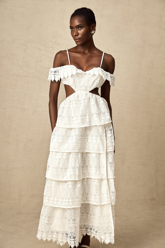 Genevieve white lace open-work midi dress (US Only)