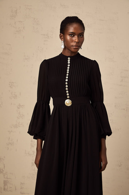 Viviane black pleated button-front midi dress