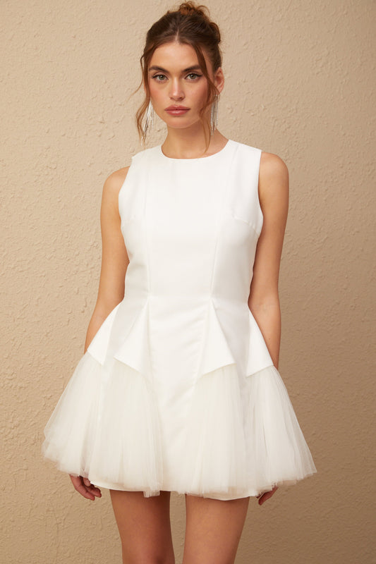 Assunta white puff tulle panelled mini dress (US Only)