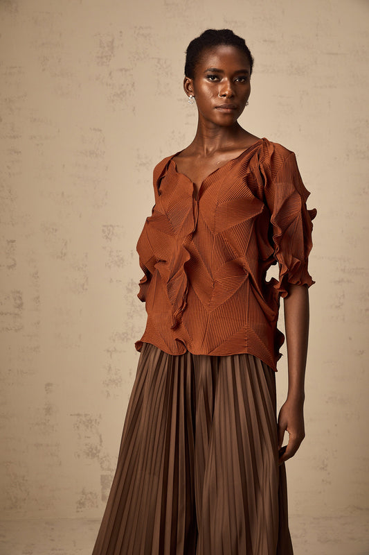 Demi brown creased top & trousers matching set