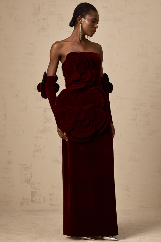 Zyra Red Floral Appliqué Maxi Dress