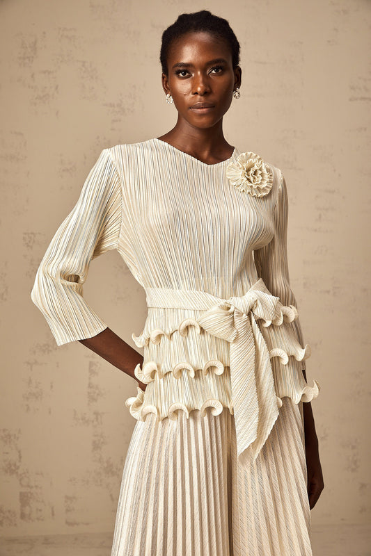 Cloris floral-appliqué ruffled pleated top & trousers