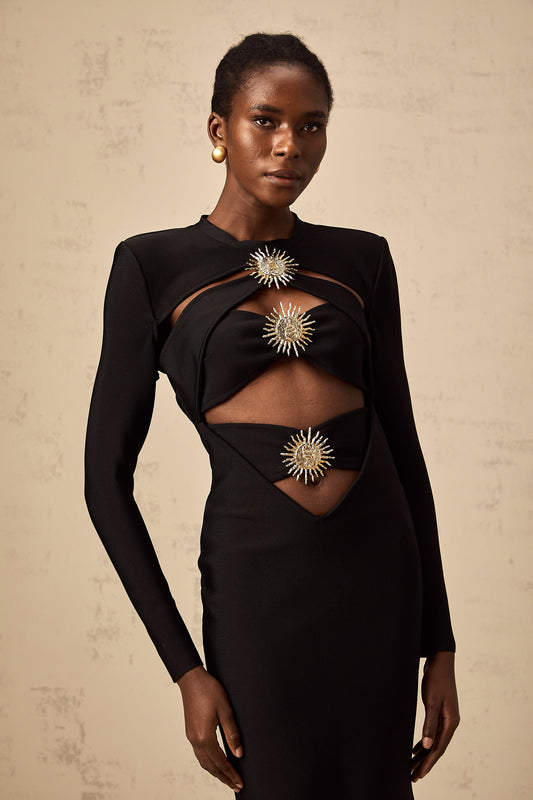 Astrid black cut-out sun-motif ruched midi dress (US Only)