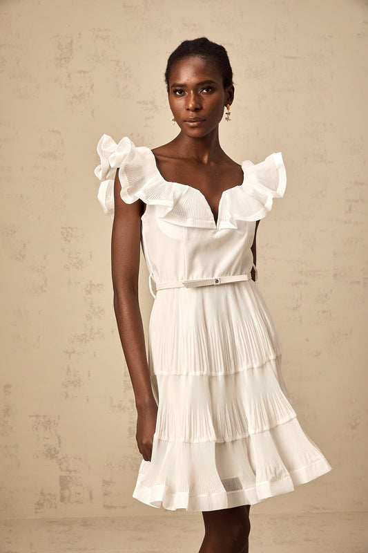 Éliane white frilled neckline pleated mini dress