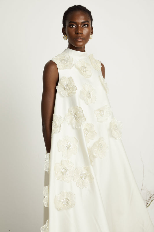 Émilie sleeveless floral-applique midi dress in White